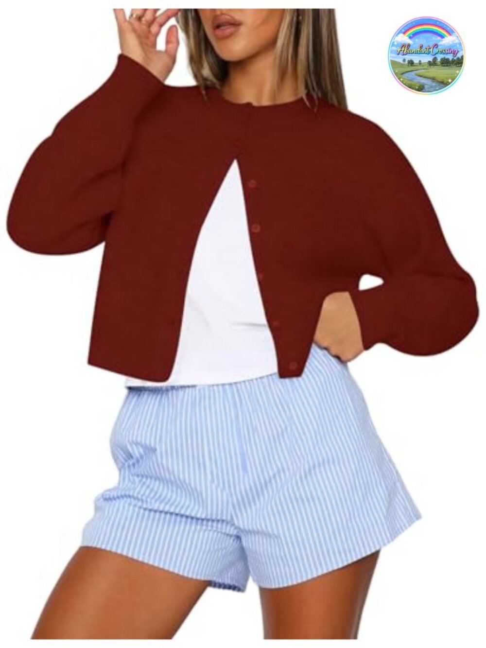 Women's Cropped Cardigan Button Up Crew Neck Long Sleeve Lightweight Knit